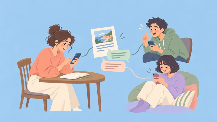 An author replies on her phone while two readers discuss the same post.