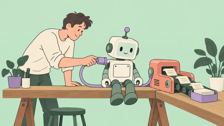 A person connects a small robot to a message-processing machine